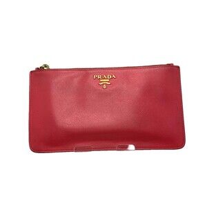 Authentic PRADA logo pink saffiano leather flat pouch bag purse wallet Italy